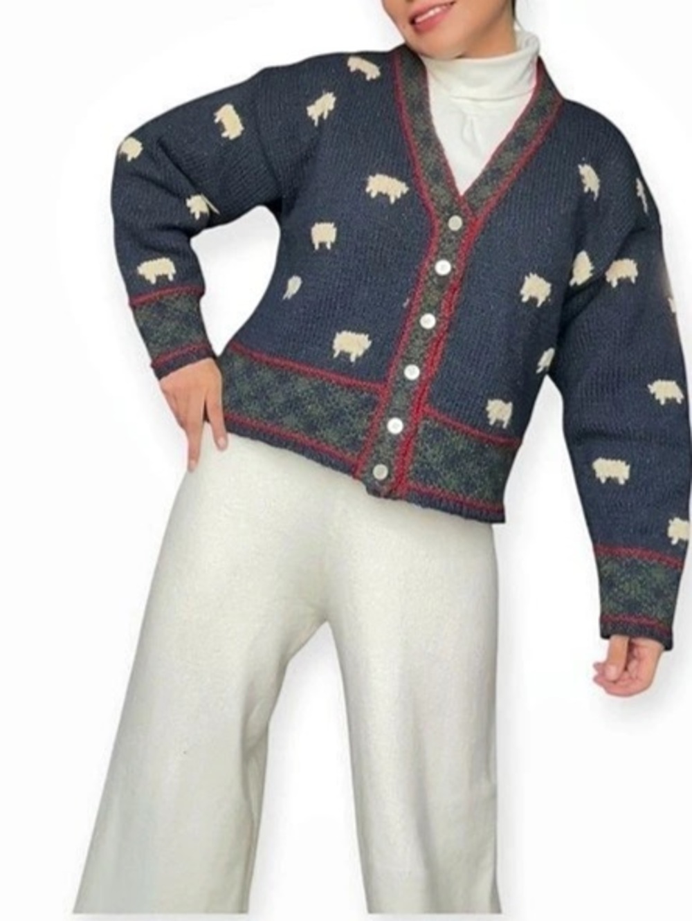 Wool Sheep Knit Cardigan Navy Red Green S/M EUC